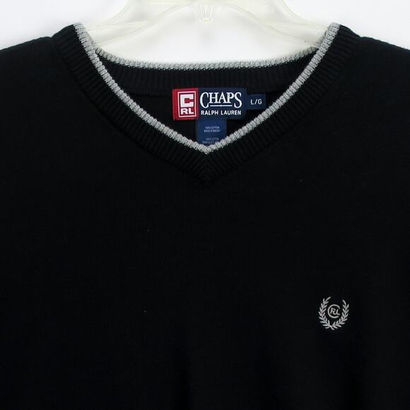 Black Cotton V-Neck Sweater Men’s L Silver Trim Pullover | Chaps Ralph Lauren - Picture 2 of 9